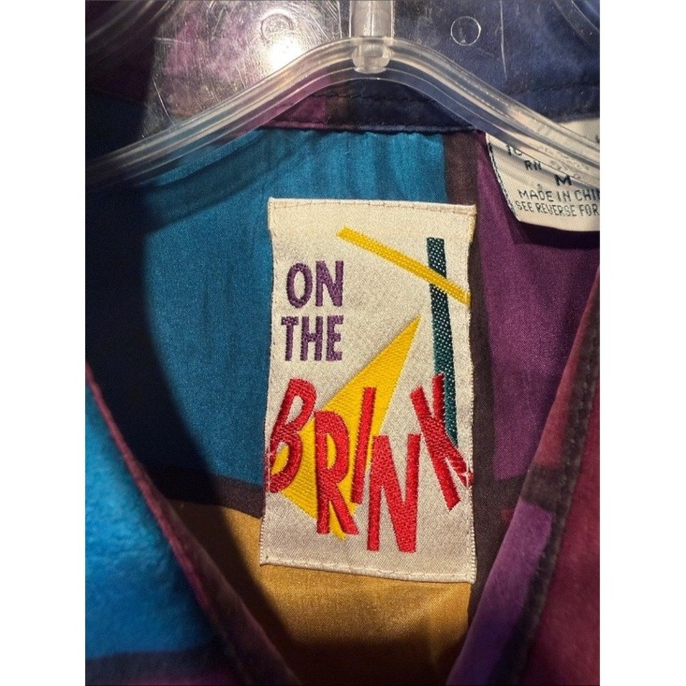 On The Brink Silk Button Down Shirt Multicolor Color Block Funky Vintage 90s Med - Picture 7 of 7